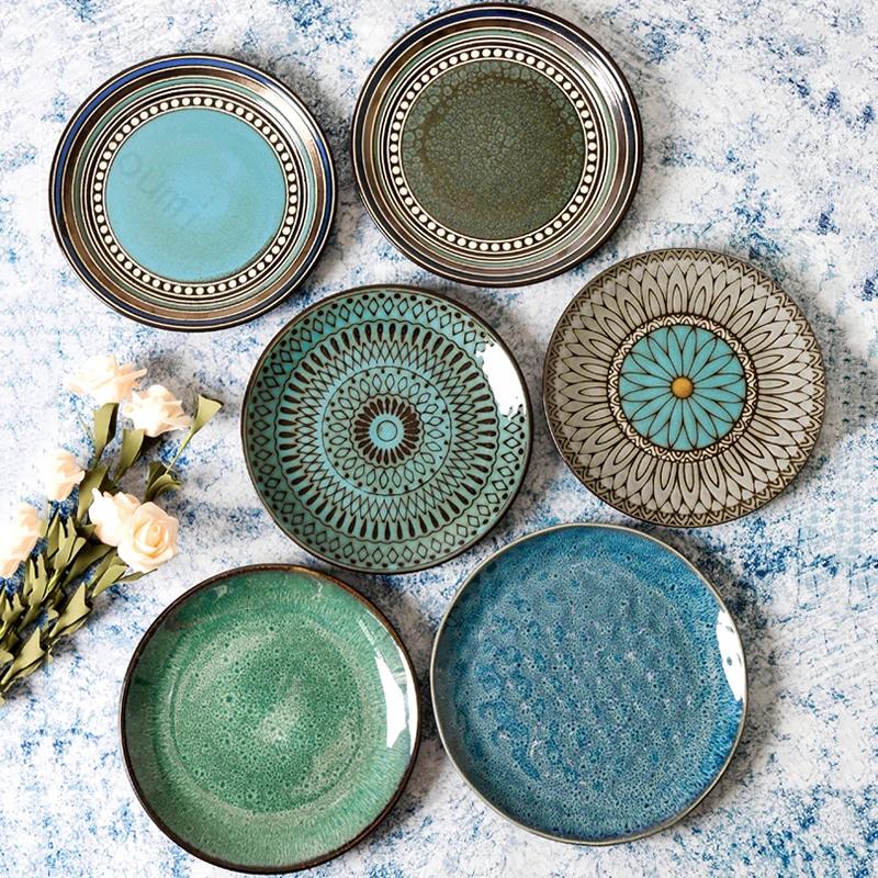 Креативные керамические тарелки в стиле ретро, элитная круглая тарелка для суши, изысканные блюда, обеденная тарелка, бытовая посуда