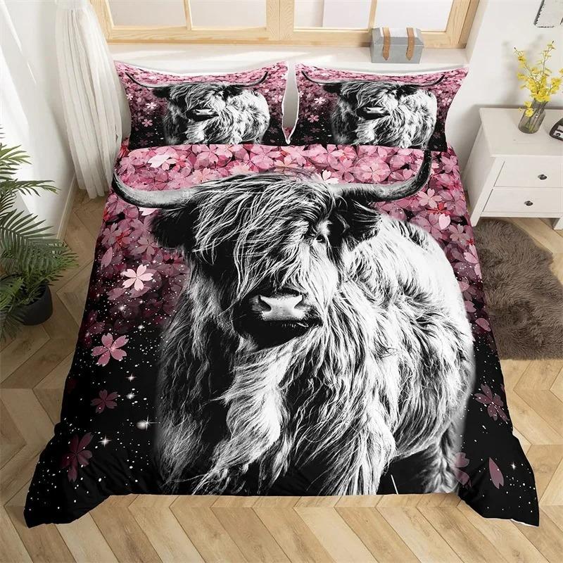 Пододеяльник с изображением коровы Хайленд, King Queen, вестерн, фермерское животное, комплект постельного белья из микрофибры с изображением быка и крупного рогатого скота с цветочным рисунком для детей и подростков