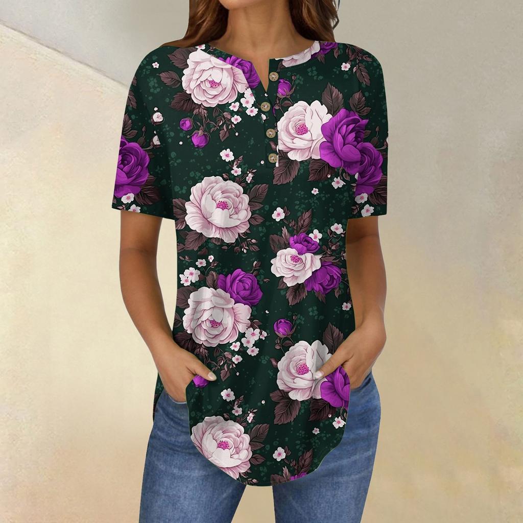 Short Sleeve Womens Tops Summer T-Shirts Floral Print V Neck Casual Basic Tee Button Shirts Tunic Tops