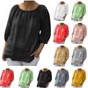 Women's Loose Solid Color Round Neck Mid Sleeve Cotton Linen Casual Top