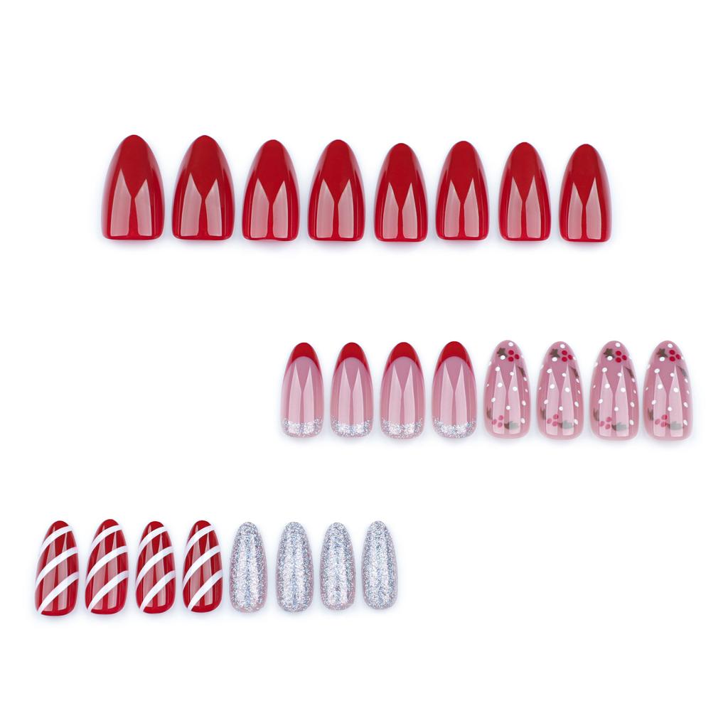 24 Pieces French Red Candy Striped Nail Art Christmas Silver Glitter Wear Nail Short Almond Fake Nail Pieces