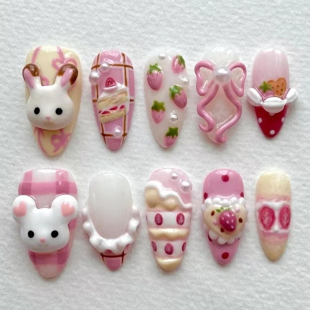 Kawaii Rilakkuma Short Almonds Face Press On Nails 3D Cartoon Japanese Style Customizable Wholesale Girl Party Gift