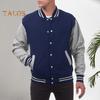 Men Baseball Jacket Stand Collar Long Sleeve Buttons Closure Patchwork Color Coat with Pockets Autumn Winter Fleece Lining Casual Sports Coat