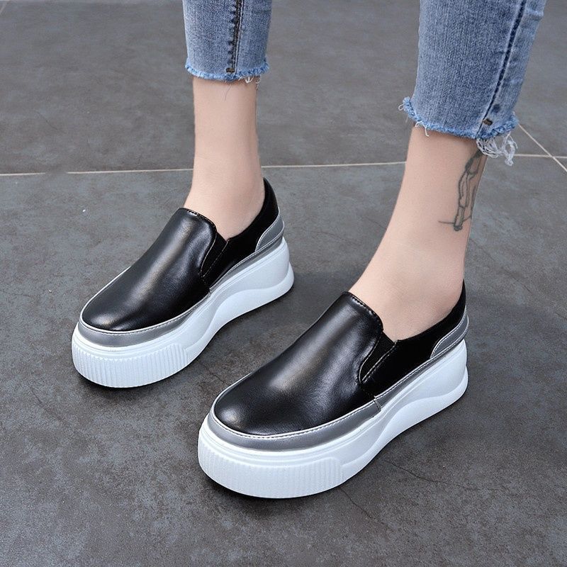 Лоферы женские на платформе, увеличивающие рост, новые осенние удобные туфли на платформе без застежек, туфли-лодочки для отдыха