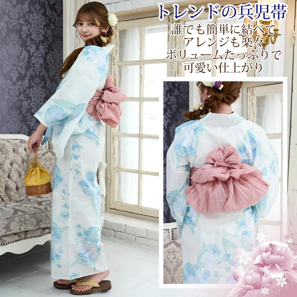 RAVIR Yukata White with a Refreshing Tulip Fluffy Obi and Geta One Size Fits All Women's 3-Piece Set, Design, Belt, Sandals, Blue,