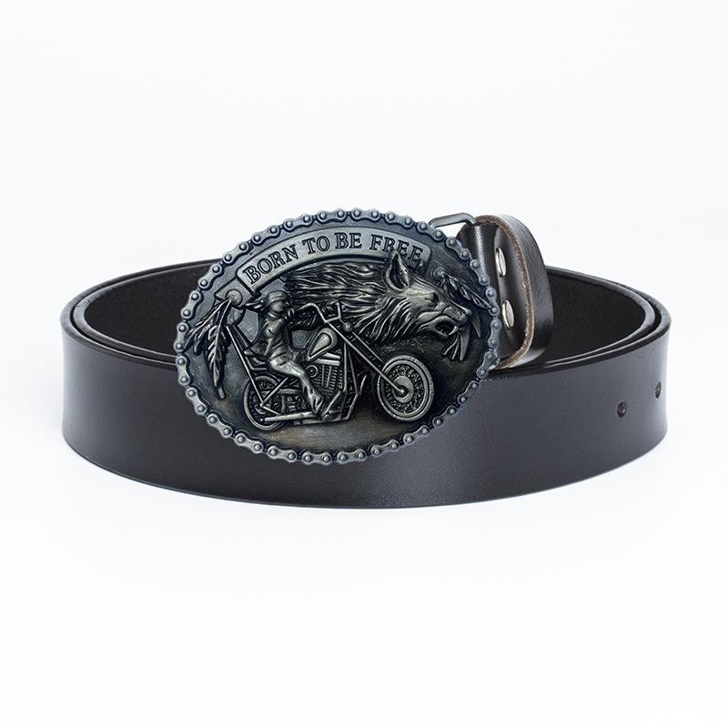 Ремень с пряжкой из сплава Big Wolf Head, двухслойный ремень из коровьей кожи, повседневный ремень из денима с гладкой пряжкой