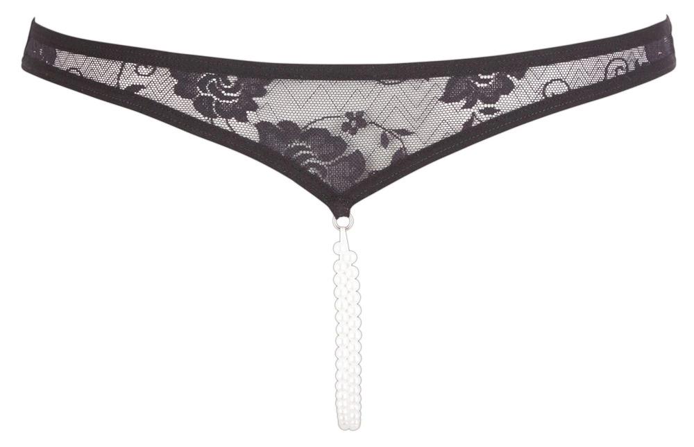 Cottelli LINGERIE - Black Lace Thong with Pearls in the Crotch S
