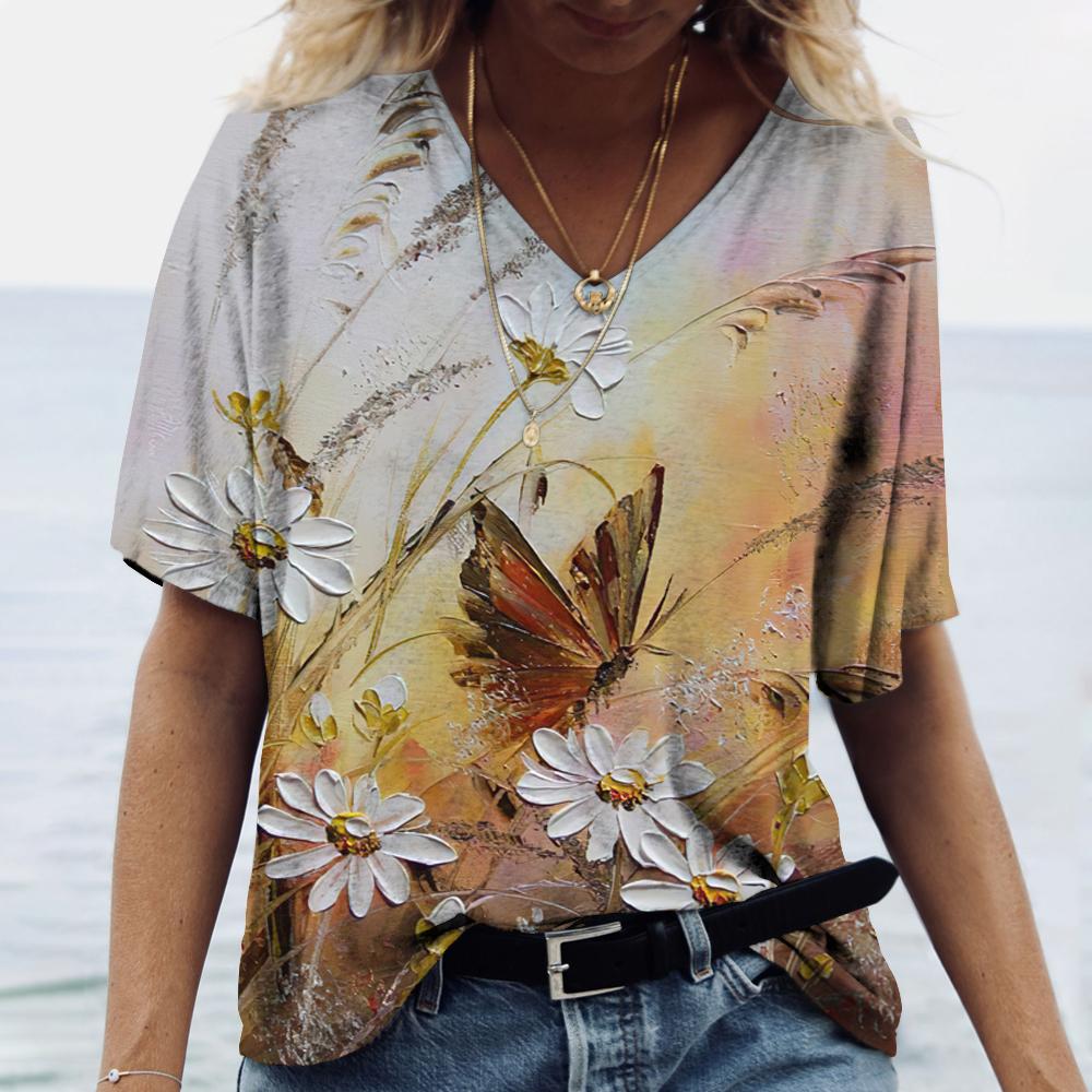 Футболка с принтом бабочки 3D-принт V-образный вырез Модный топ с коротким рукавом 2025 Повседневная базовая одежда для девушек Одежда Харадзюку