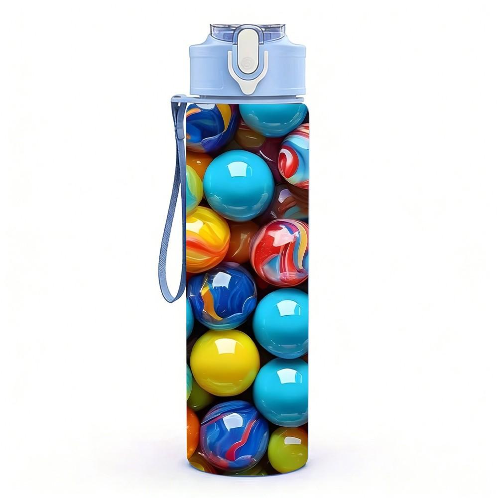 1PC Round Multicolored Ball Bead Print 750ml Color Plastic Sports Water Bottle Leakproof Flip Straw Lid Suitable for Sports Office Home Use