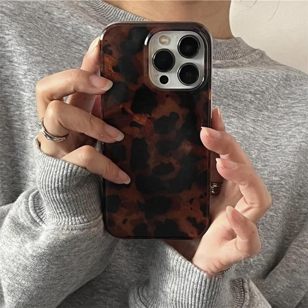 Retro Amber Texture Laser Phone Case For iPhone 17 16 15 14 Pro Max 13 Stylish Leopard Print Luxury Back Soft Cover Gift