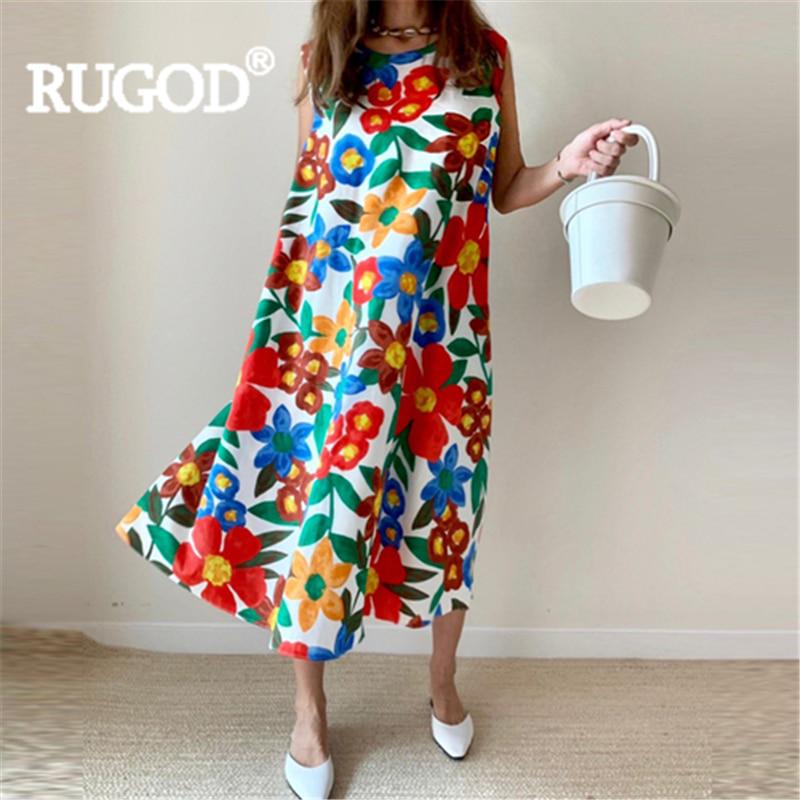 Женское платье свободного покроя с цветочным принтом, без рукавов, с круглым вырезом, длиной до середины голени, повседневное длинное платье больших размеров, новое модное женственное платье для женщин