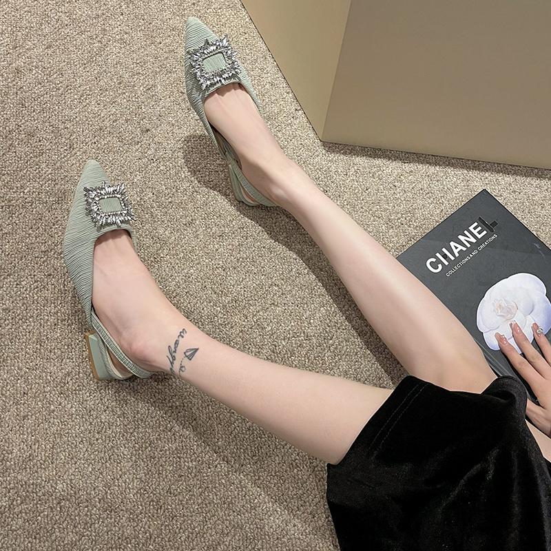 Women's Shoes Hot Sale Pointed Toe Women's Pumps One-word Buckle High Heels Square Heel Solid Heeled Sandals Women