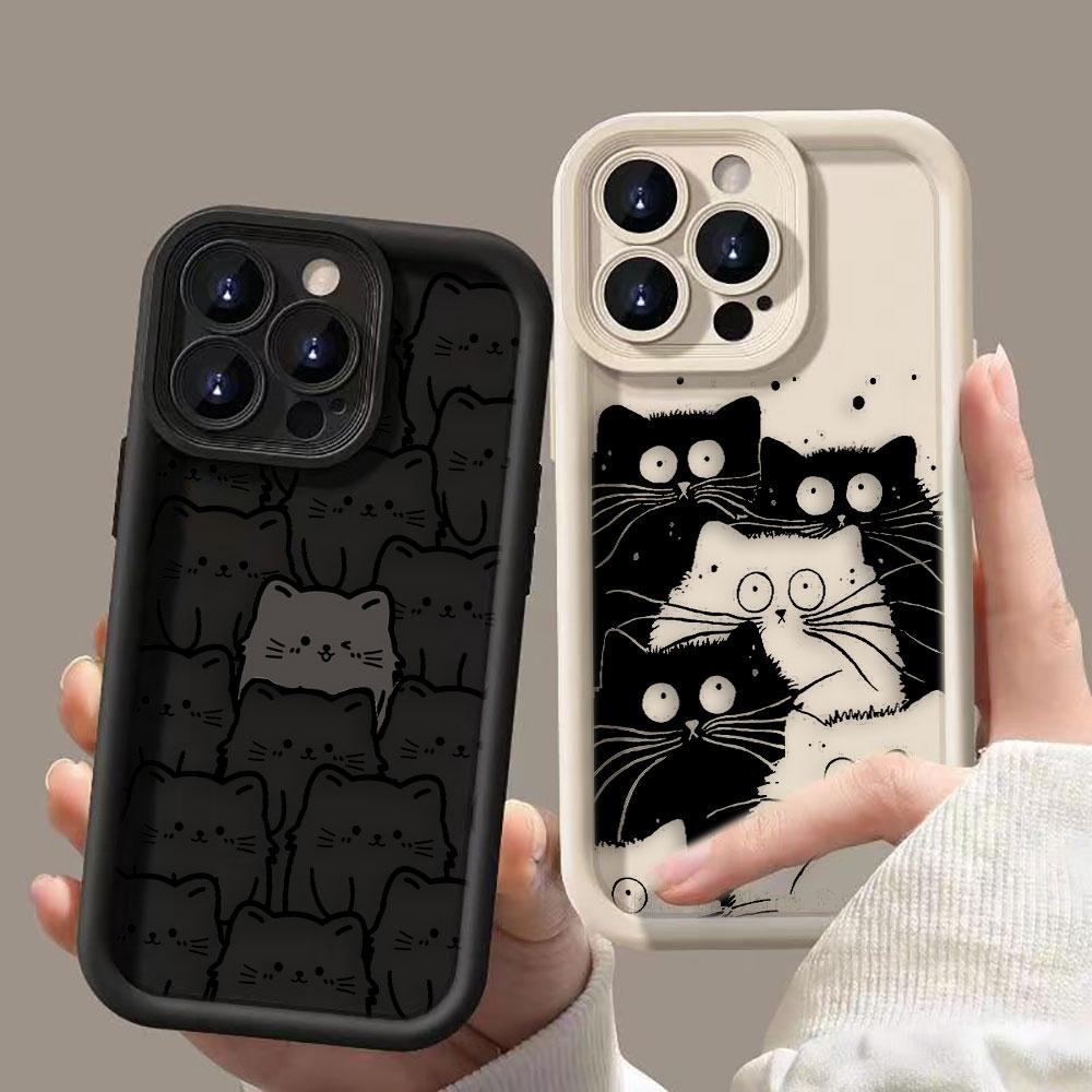 Забавный черный мультяшный кот Чехол для телефона для iPhone Apple 17 AIR 16 16E 11 12 13 14 15 XR Plus Pro Max Чехол Сделай сам ТПУ Ударопрочный Чехол