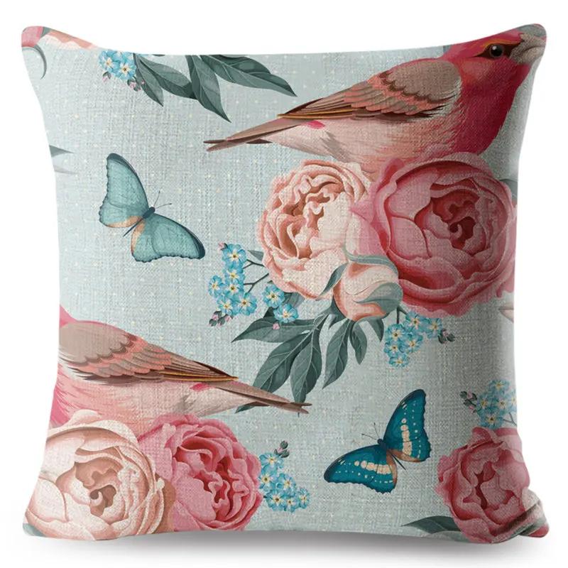 Винтажная наволочка с цветком, декоративная синяя наволочка с изображением цветка и птицы, полиэстеровая наволочка для дивана, автомобиля, дома 45x45 см