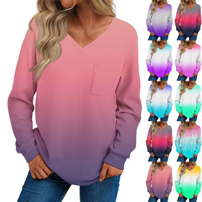 Женская мода повседневный свитер с длинным рукавом и принтом V-образным вырезом