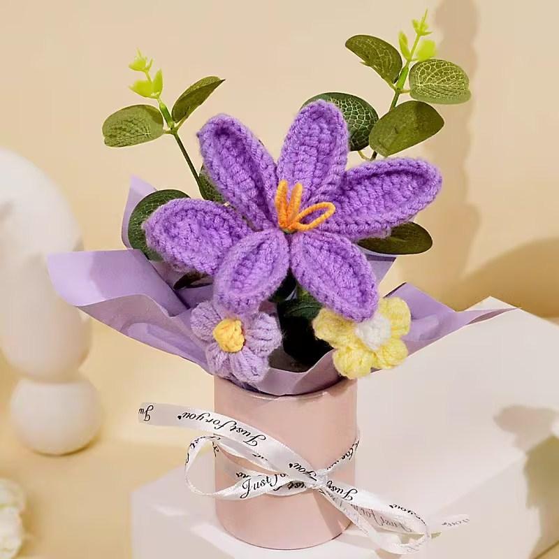 Valentine'S Day Mini Bouquet Artificial Rose Flowers Handmade Crochet Flower Bouquet Christmas Wedding Party Gifts Home Decor