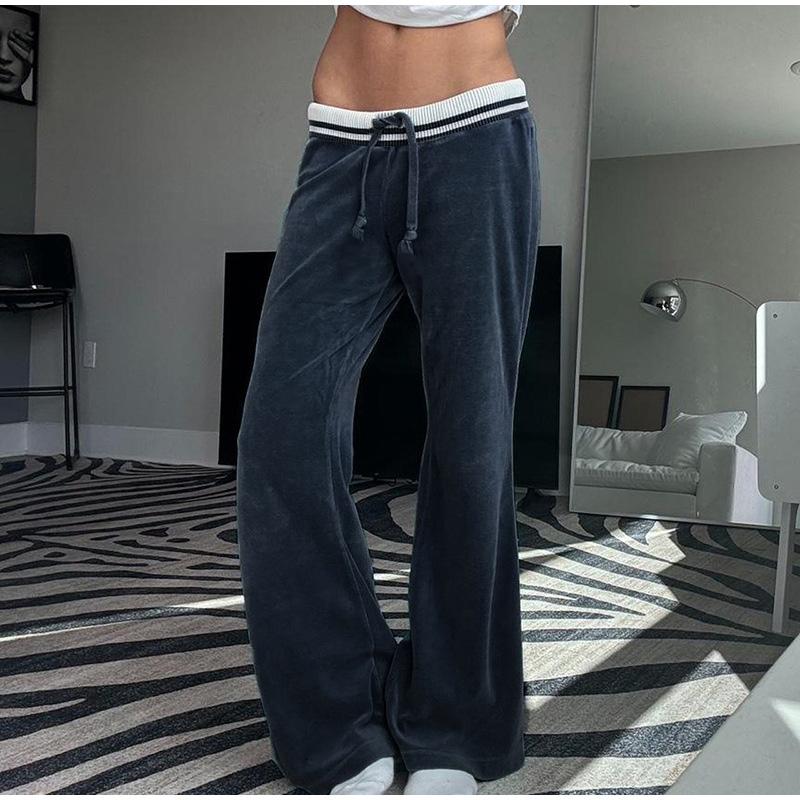 Повседневные брюки из синего бархата, уличные прямые брюки с шитьем, винтажные свободные женские брюки с завязками и низкой талией, базовые, весна-осень 2025 г.