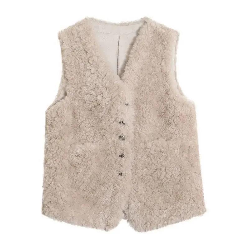 Lamb Fur Vest Coat Women Sleeveless Tops All-match Waistcoat Autumn Winter V-Neck Button Warm Lamb Hair Sleeveless Jacket
