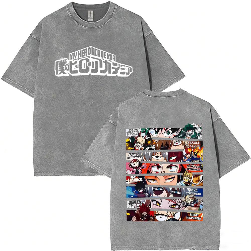 Anime My Hero Academia Shoto Todoroki Vintage Washed Tshirt Men Women Casual Retro Oversized T Shirts Cartoon Harajuku Tshirts