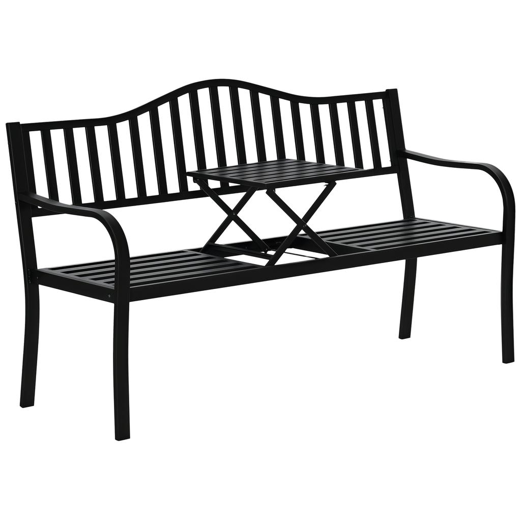 Metal Outdoor Bench with Liftable Middle Table. Patio Loveseat. Garden Bench for Garden. Porch. Seats 2–3 People. Black