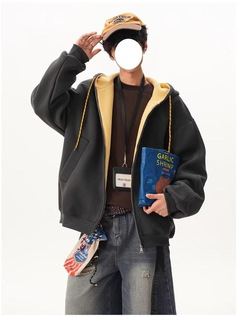 Унисекс худи колор-блок осенних цветов: Спортивная куртка свободного кроя в стиле колледжа на двойной молнии