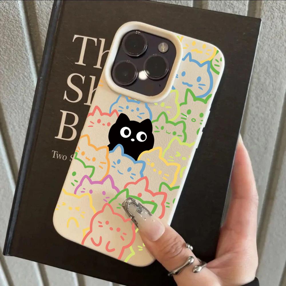 Abstract Cartoon Black Cat Cool Lichee leather pattern Phone Case For Redmi A5 A3 A1 14C 13 12 10 9 8 K60 Ultra Shockproof Cover