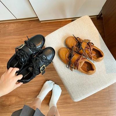 Jinlan кожаные женские ранней осени новые ретро универсальные на шнуровке с пряжкой ремня маленькие кожаные туфли