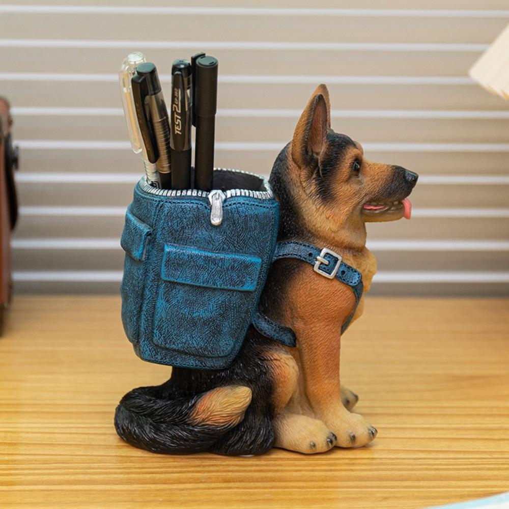 Resin Statue Desktop Storage German Shepherd Pen Box Figurines New Dog Sculpture Pen Container