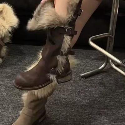 Осень и зима новые пушистые ботинки плоский каблук женские ботинки пряжка ремня женские ботинки круглый носок высокий каблук высокие ботинки Ботинки Spice girl рыцарские ботинки