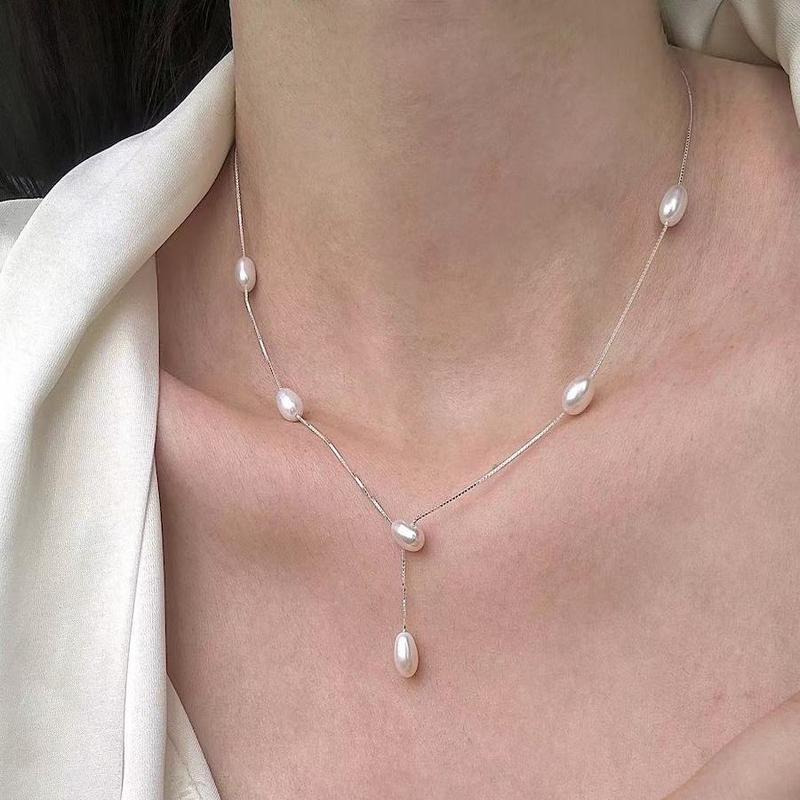Цепочка на ключицы из стерлингового серебра S925, натуральный пресноводный жемчуг, легкая роскошная простая Y-образная цепочка, небольшой дизайн, нежный и элегантный стиль