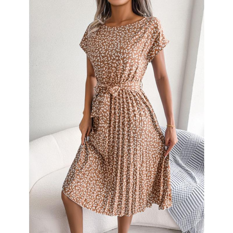 Ins Style Spring and Summer New Casual Short-sleeved Floral Large Swing Pleated Skirt European and American Women's Clothing