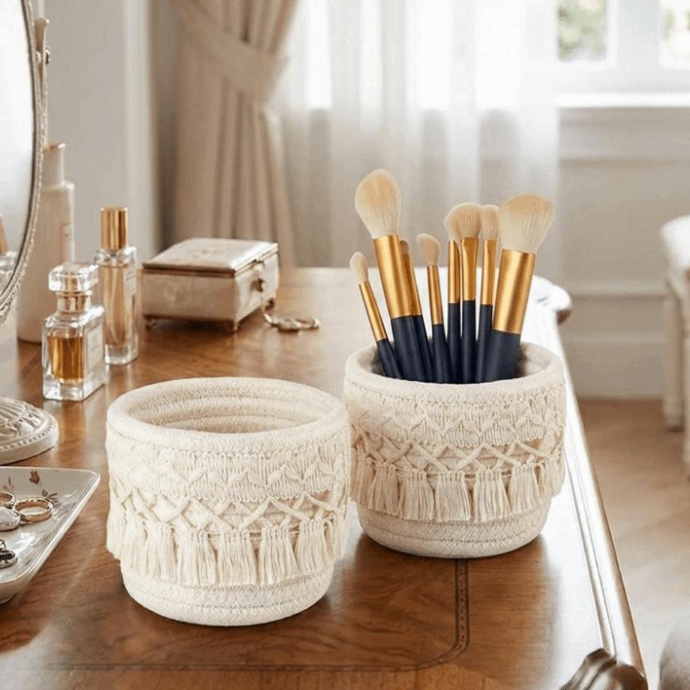 Round Woven Storage Basket Bohemian Style Pen Holder Creative Sundries Organizer Vanity