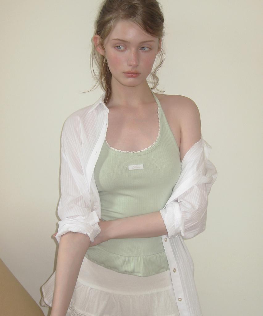 LETTER FROM MOON Letters Frill Label Halterneck Top (Mint)