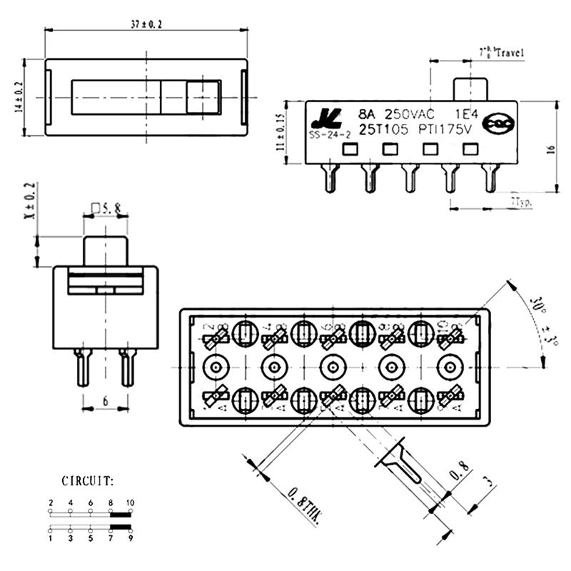 8A 250Vac 4Positions 10Pin Ss-24-2 Hot Cold Air Cylinder Toggle Slide Dip Switch