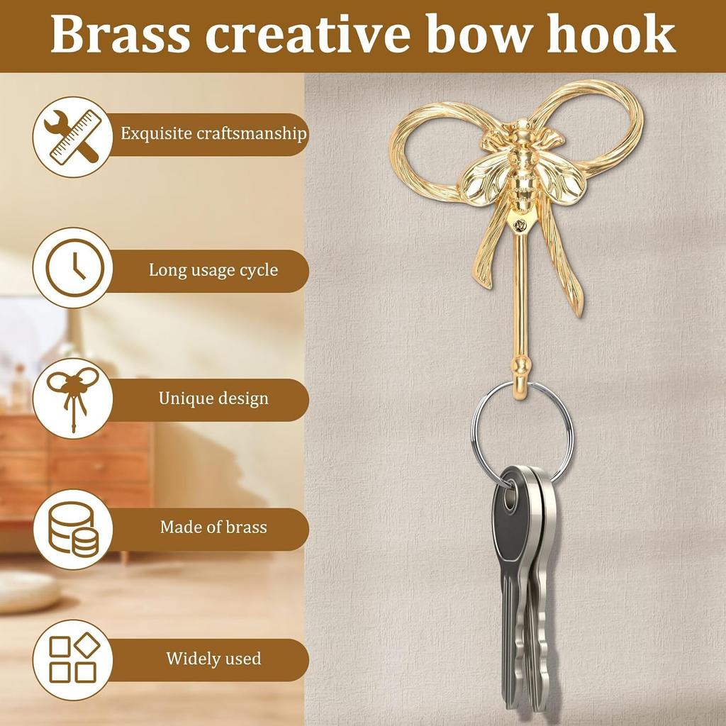 2Pcs Bow Decorative Wall Hooks Bowknot Coat Hook Gold Towel Robe Hanging Brass Hooks for Home Bedroom Bathroom Office Outdoor(L)