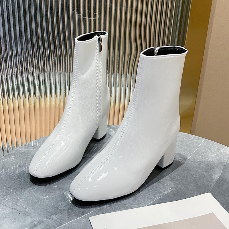 Новые женские удобные ботильоны на среднем каблуке с боковой молнией, модная обувь, женские ботинки черного, красного, белого цвета на квадратном каблуке