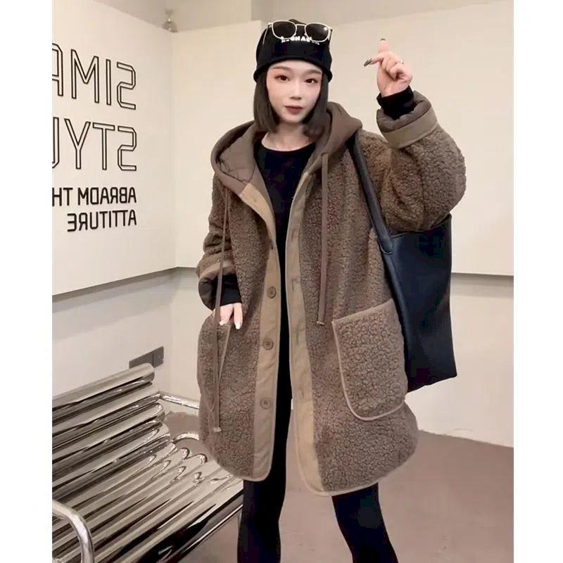 Lamb Cashmere Coat Female Autumn Winter Fashion Patchwork Fake Two Hoodie Hoodie Loose Matching Woolen Coat Solid Color