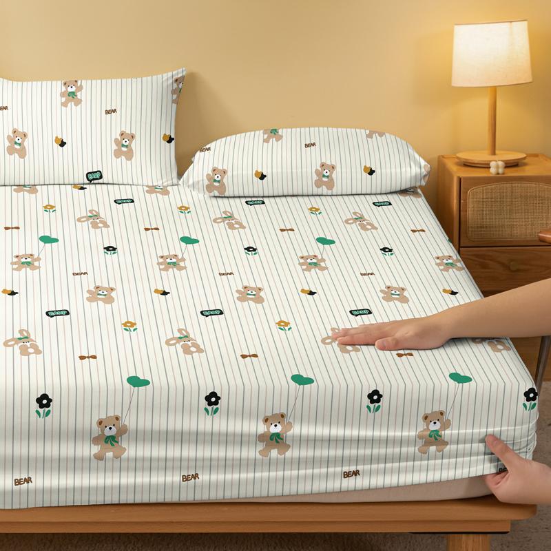 1 Cartoon Cute Animal Bear Printed Matte Fitted Sheet, Bedroom Printed Bed Cover, Bedding (Excluding Pillowcases)