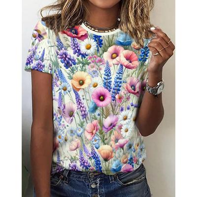 Мода Женская одежда Crushed Flower O-Neck Свободная футболка с коротким рукавом Цветные принты Топы Дышащие футболки Уличная одежда