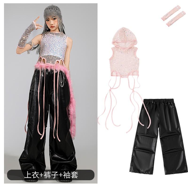 Girls Jazz Dance Outfit Set With Sequin Hooded Crop Top Black Pants Streetwear Performance Costume Kids Teens