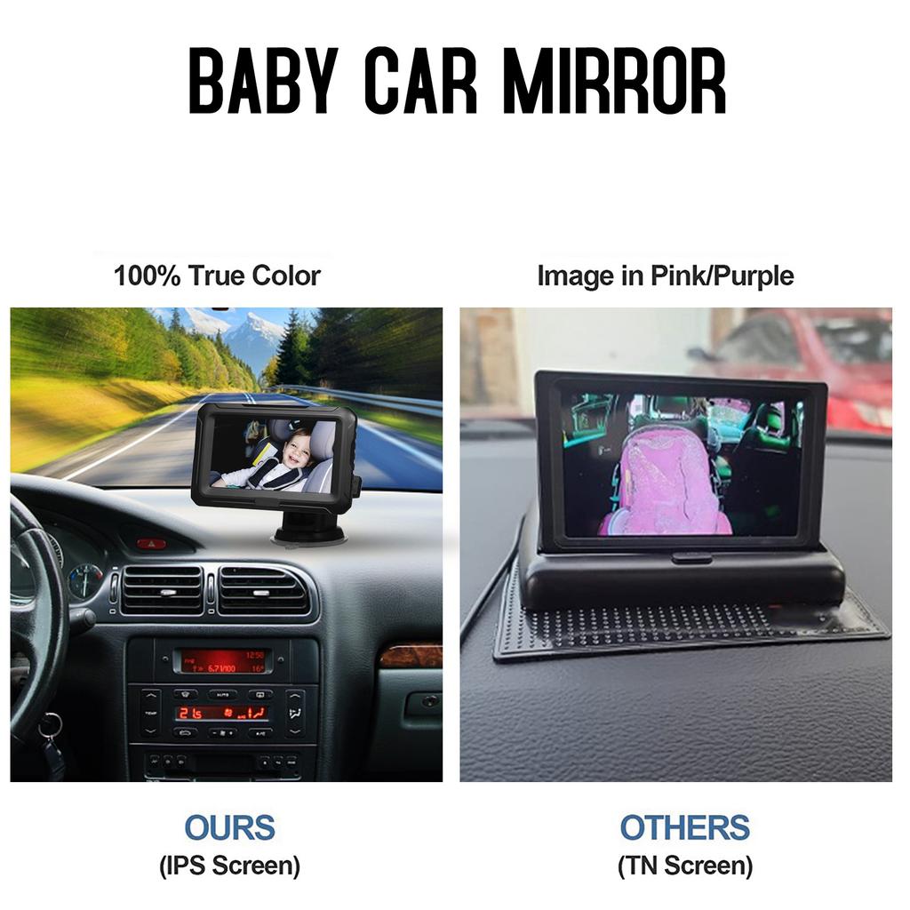 Зеркало для детского автомобиля 1080P Детская камера с 4,3-дюймовым IPS-экраном Ночное видение Регулируемый широкий угол обзора для младенцев, детей, домашних животных