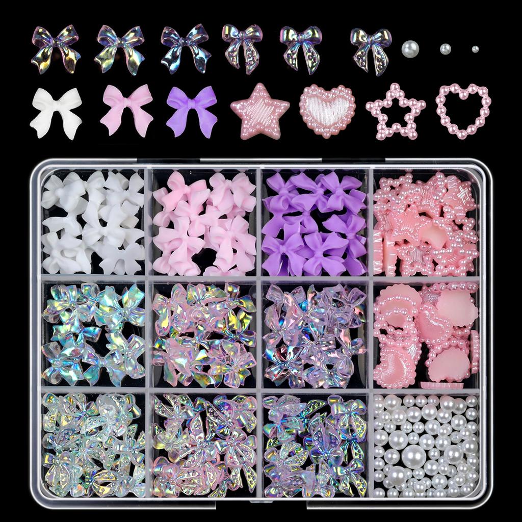 Xiaomi 12/15Grids/box Mixed Resin Bowknot Nail Art Decorations 3D Acrylic Charms Kawaii Colorful Bow Rhinesto DIY Manicure Tools Parts