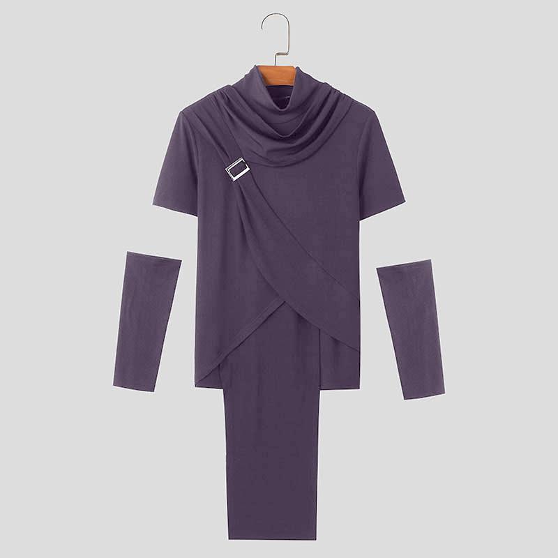 INCERUN Мужские топы с высоким воротником-хомутиком и рукавами в стиле пэчворк, повседневные облегающие футболки с нерегулярными слоями