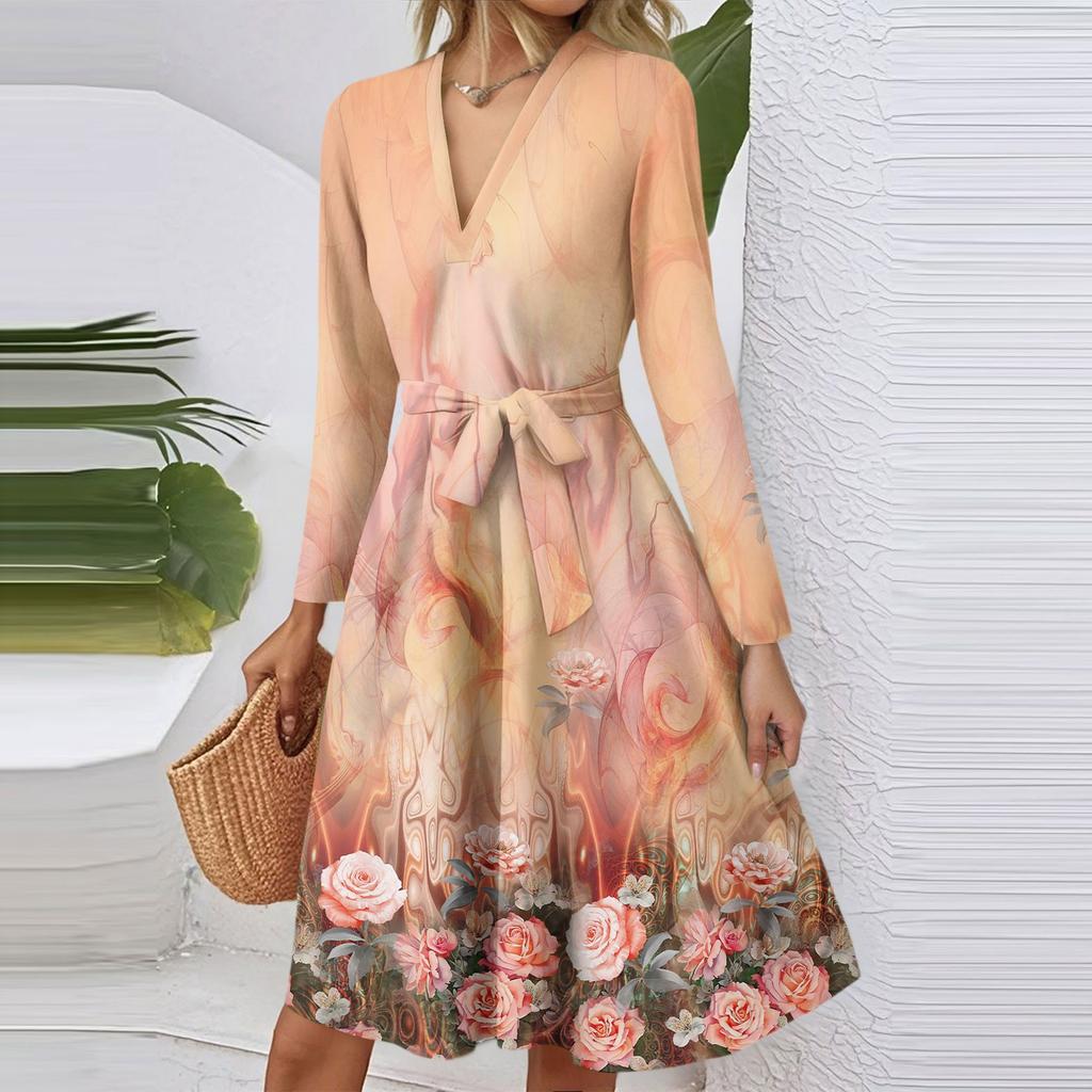 Women's Fashion Casual V-Neck Long Sleeve Waist Floral Print Midi Dress
