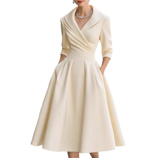 Women's Lapel V Sleeve A Line Neck Work Dress Long Swing Dress Formal Business