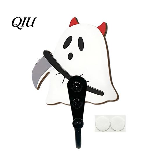 Punch Free Wall Storage Rack Halloween Themed Hook, Decorative Ghost Pattern Key Hanger, Self Small Bag Hanger for Bathroom Adhesive Backing Wood Base