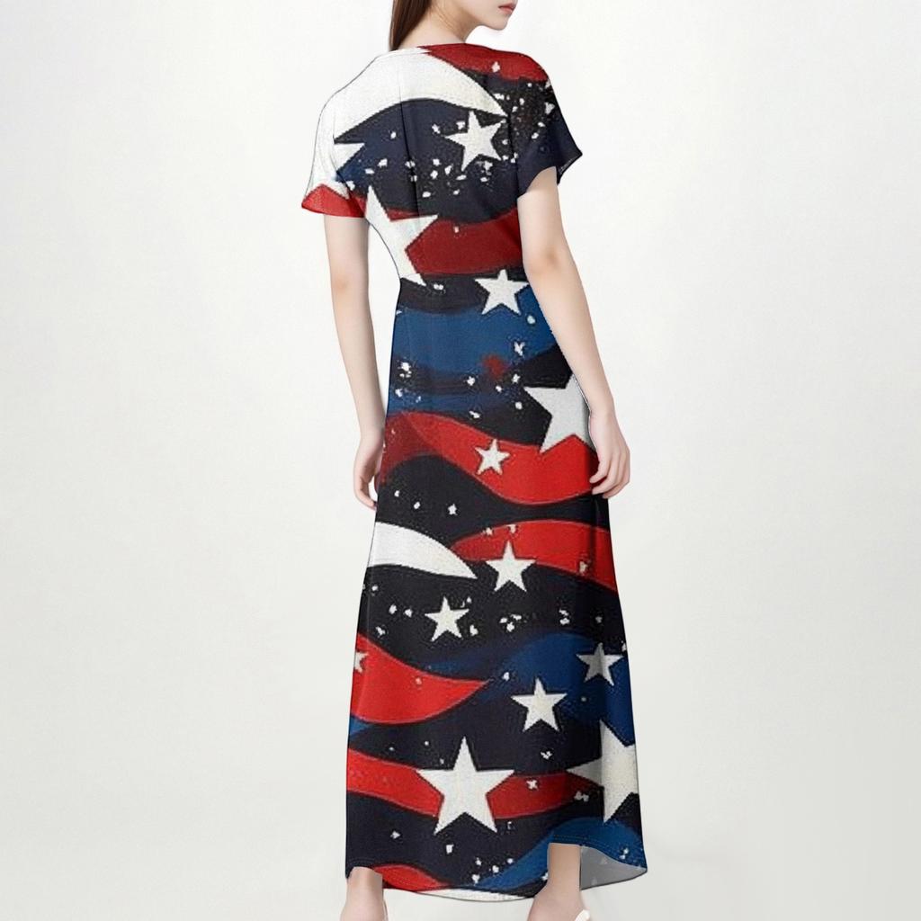 Женские повседневные модные длинные платья с принтом, платья с V-образным вырезом и коротким рукавом