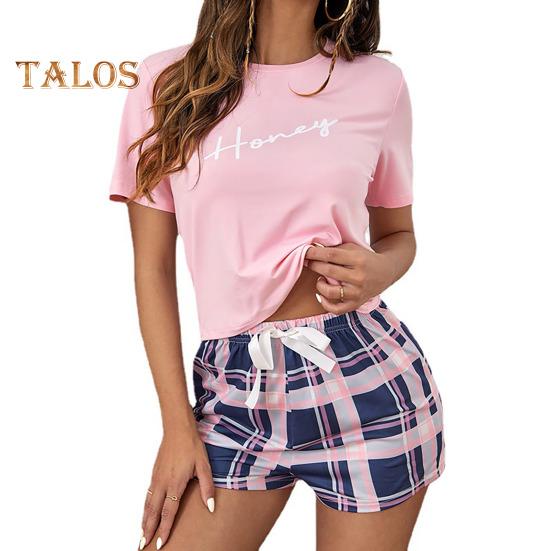 2 шт./компл., женский летний пижамный комплект с круглым вырезом и буквенным принтом, футболка с короткими рукавами и эластичной резинкой на талии, клетчатый узор, домашняя одежда, комплект из двух предметов, одежда для сна