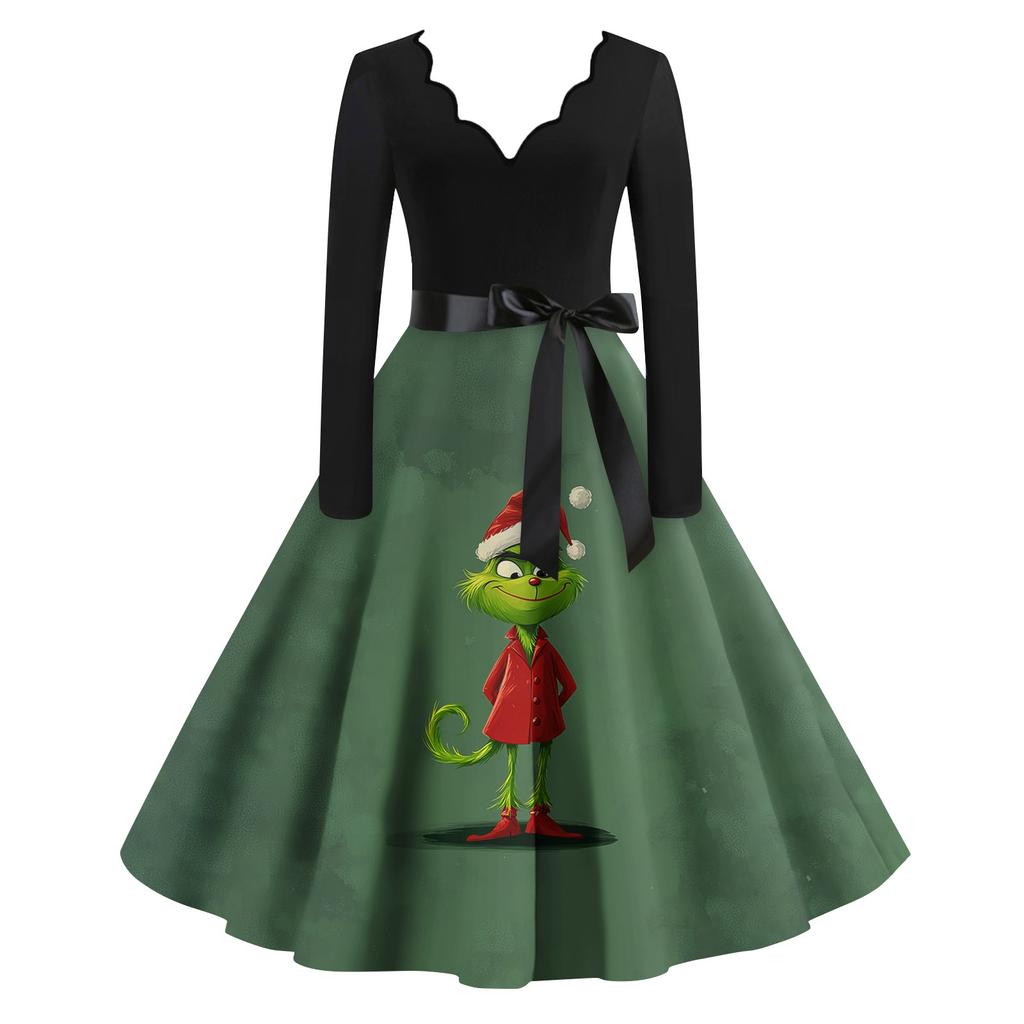 Women's Casual Fashion Print Long Sleeve Dress Cutout Party Casual V Neck Dress