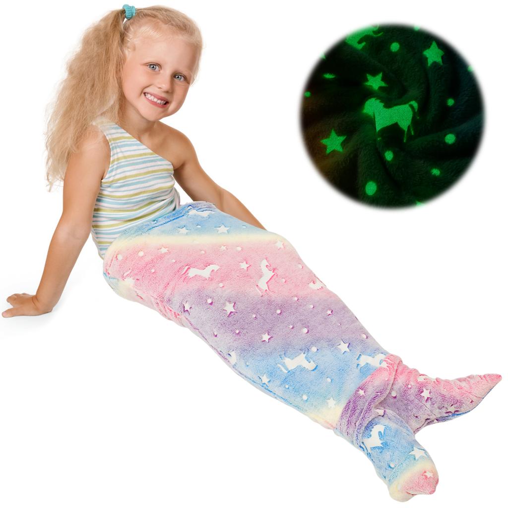 Детское светящееся в темноте одеяло, мягкое фланелевое одеяло с хвостом русалки и радужным узором в виде рыбьей чешуи для девочек, спальный мешок, НОВЫЙ